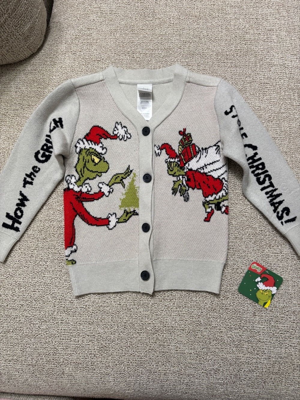 NWT How The Grinch Stole Christmas Kids' Gray Holiday Cardigan Size 4